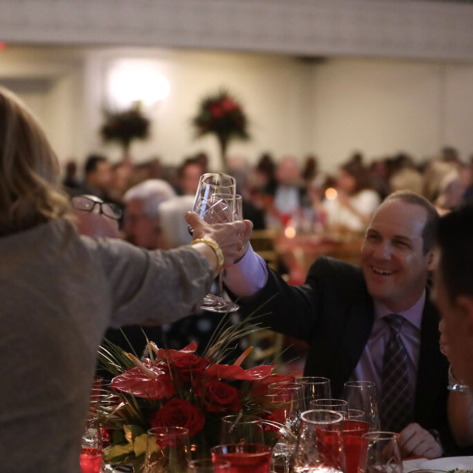several adults toast with red glasses