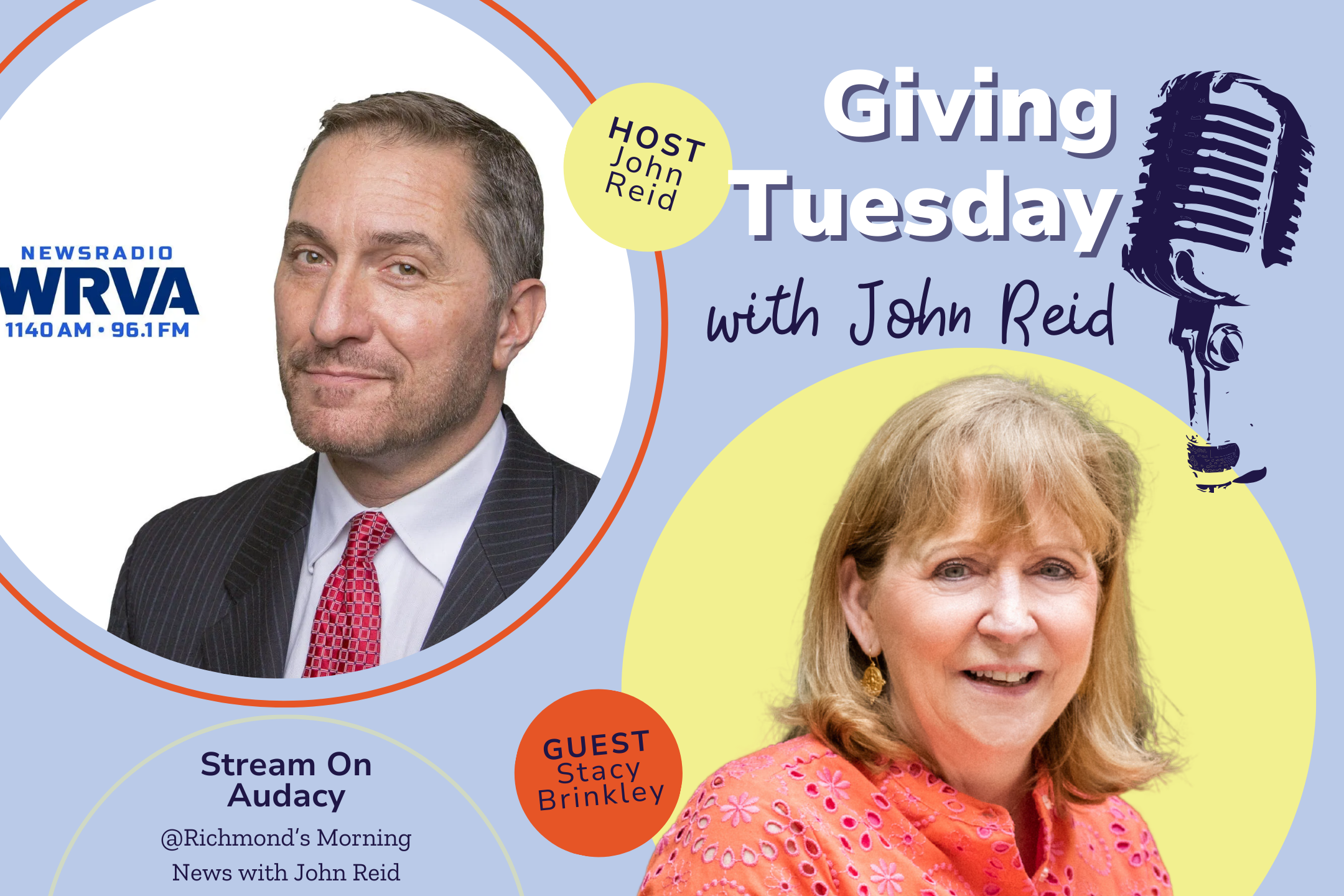 Photos of two adults along with text advertising for Giving Tuesday segment with John Reid
