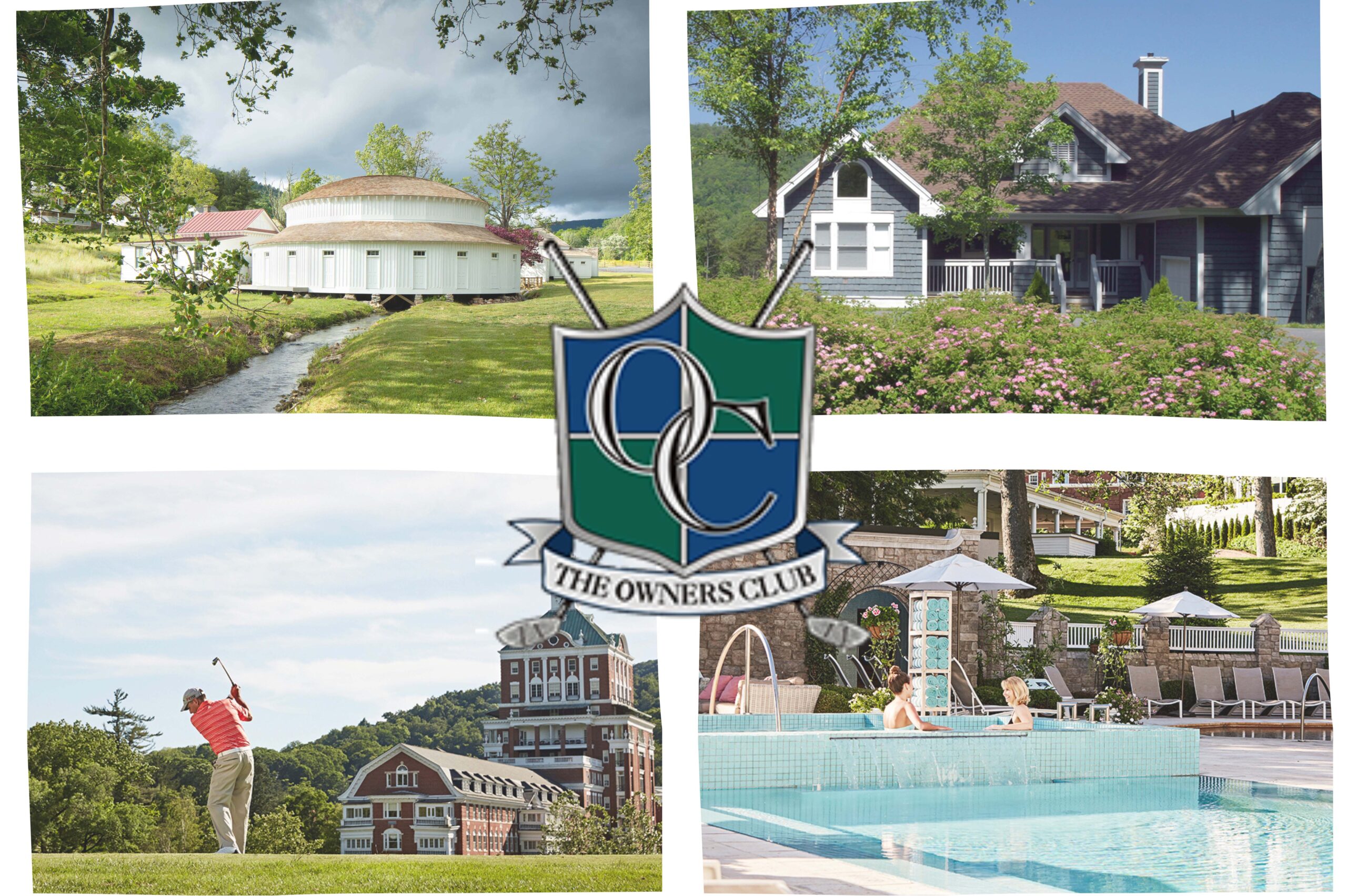 4 photos of the Owner's Club at the Homestead including an indoor hot spring, a house, an golfer and a pool with the Owner's Club logo