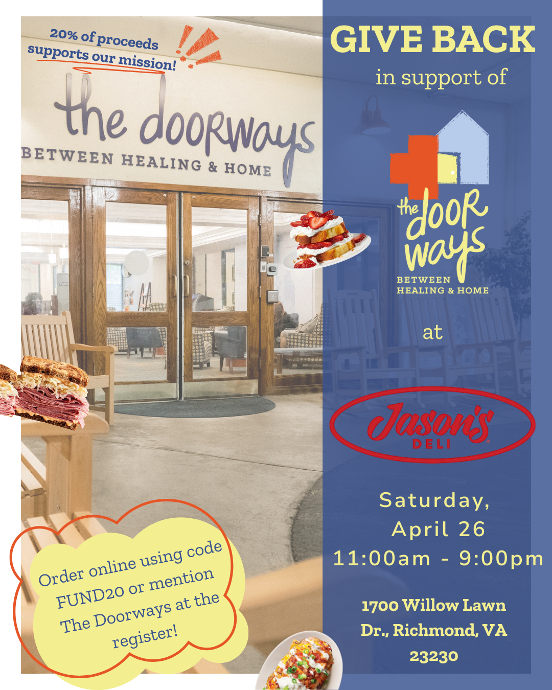 Photo of entryway of The Doorways and food items alongside The Doorways and Jason's Deli logos with the text