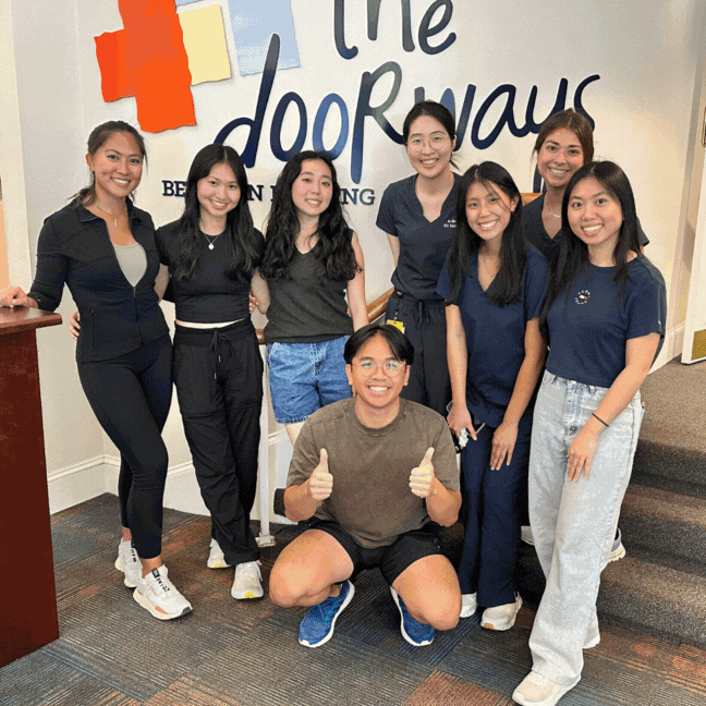 Rotating photos of smiling volunteers serving at The Doorways