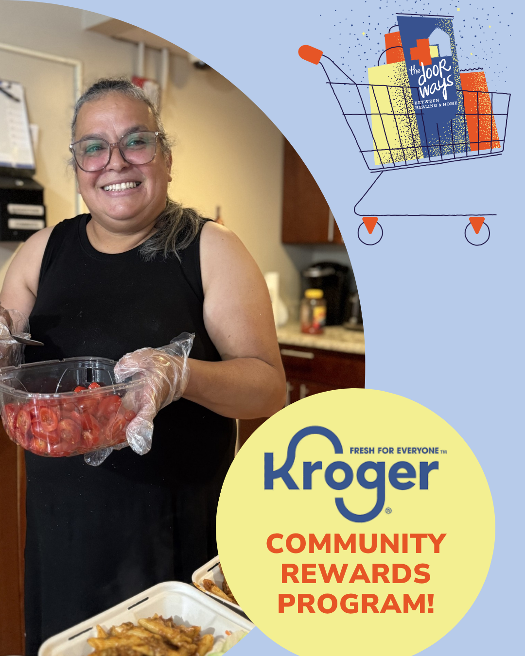 A smiling adult holds a bowl of tomatoes while wearing gloves. A shopping cart graphic with The Doorways logo is included along with the text 